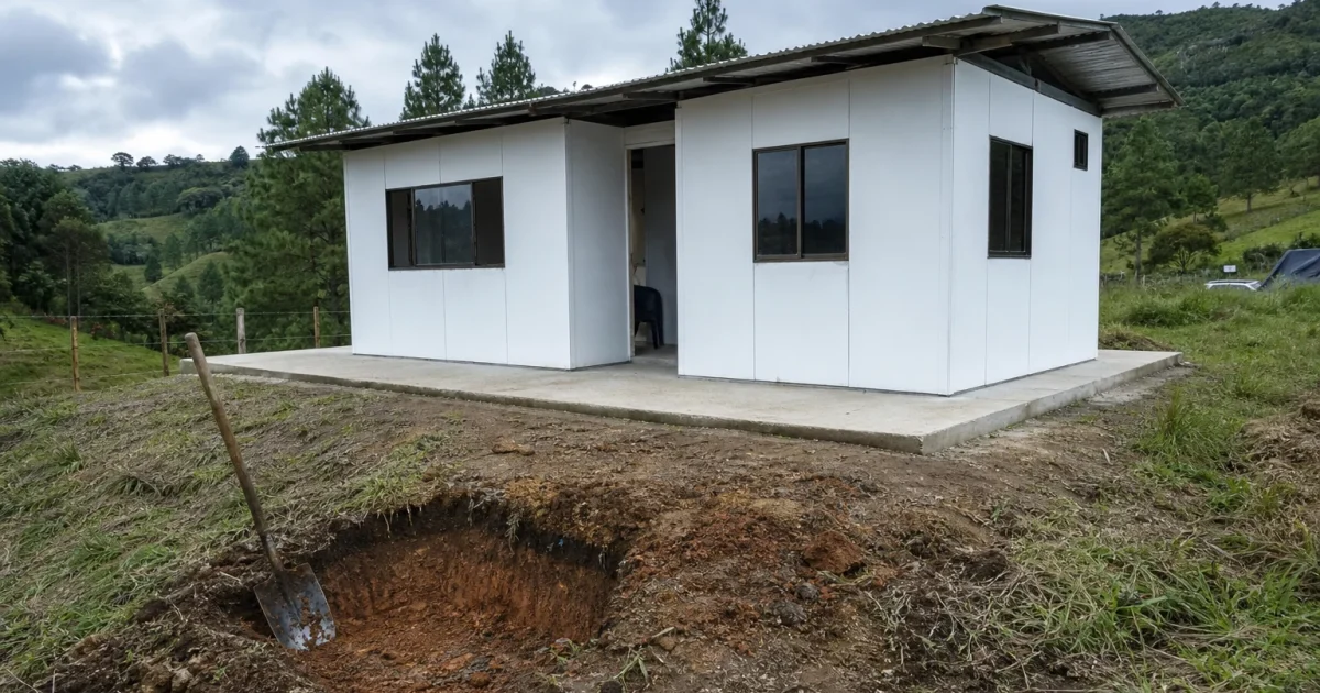 Casa prefabricada sobre placa de concreto y apique abierto junto a ella en un lote de ladera