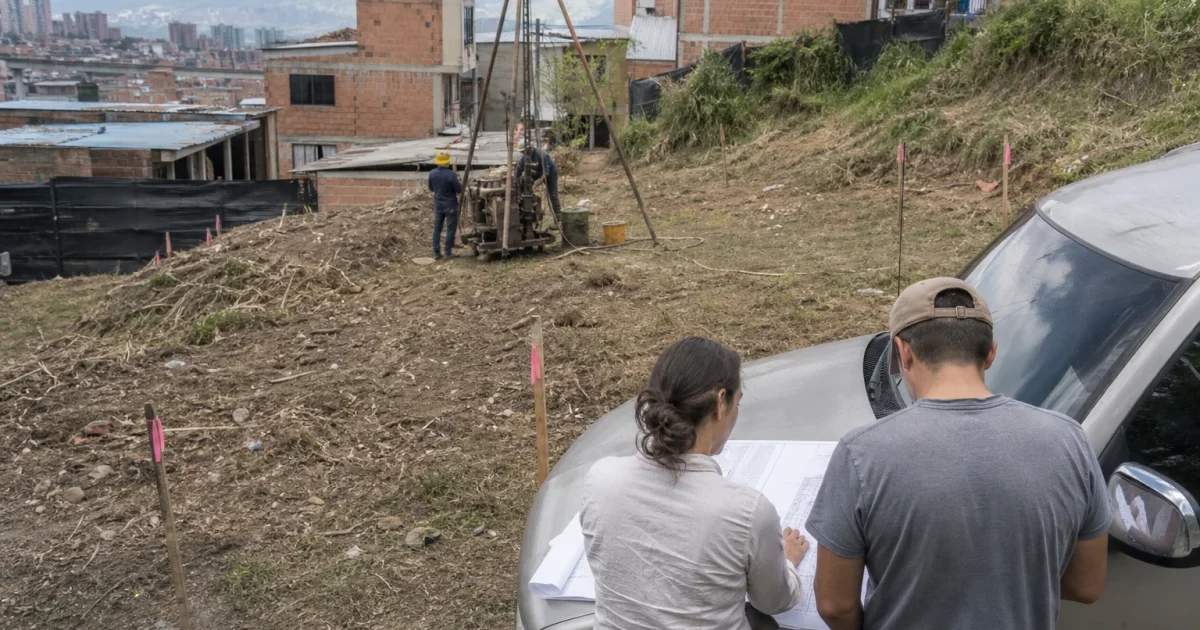 Sondeo geotécnico en un lote mientras el arquitecto y el dueño revisan los planos