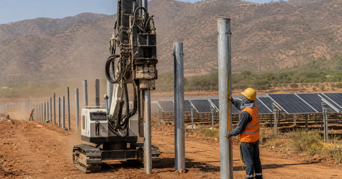 Hincado de perfiles de acero en la construcción de una granja solar