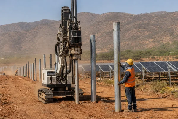 Hincado de perfiles de acero en la construcción de una granja solar