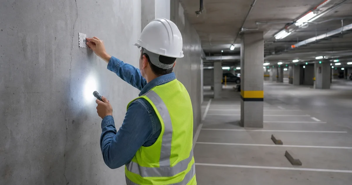 Ingeniero revisando con linterna una fisura en un muro del sótano de un edificio nuevo