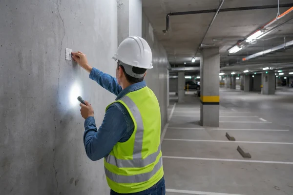 Ingeniero revisando con linterna una fisura en un muro del sótano de un edificio nuevo