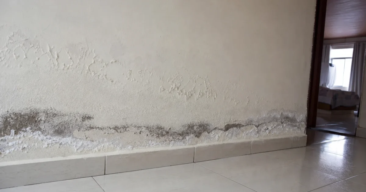 Humedad que sube por la parte baja de un muro, con pintura inflada y salitre