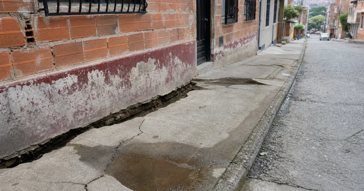 Andén hundido y separado de la fachada de una casa de ladrillo en un barrio de Medellín