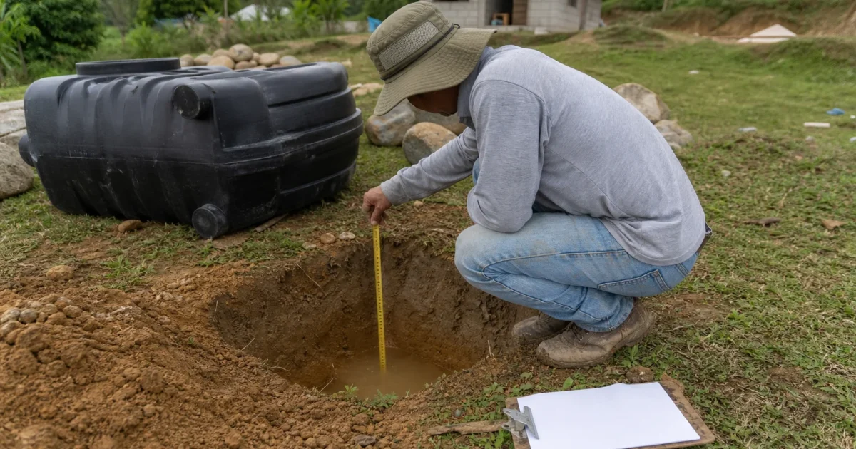 Técnico midiendo una prueba de infiltración junto a un tanque séptico por instalar