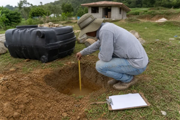 Técnico midiendo una prueba de infiltración junto a un tanque séptico por instalar